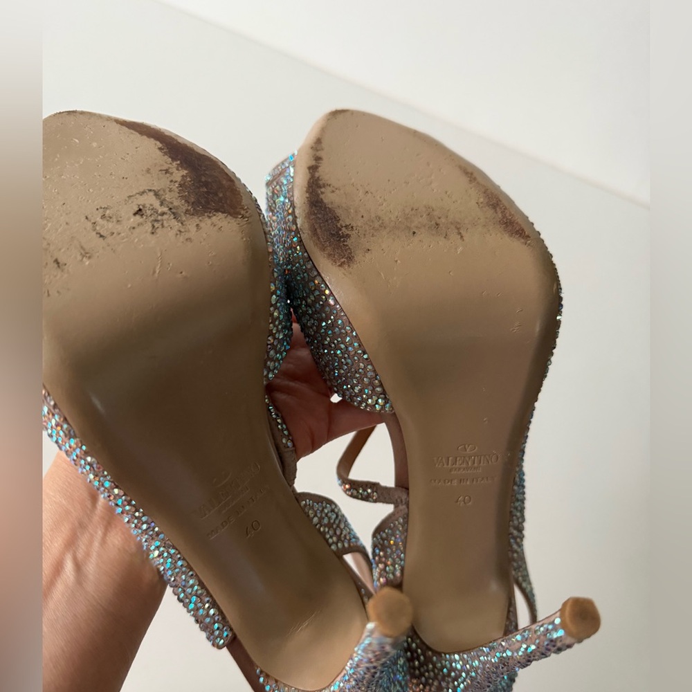 Valentino Beige Crystal Embellished Leather Platform Slingback Sandals Size 40 - Picture 11 of 13